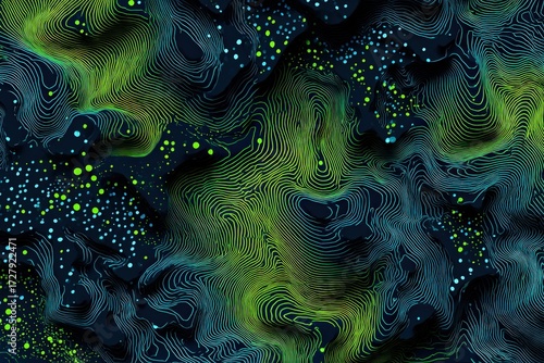 A vibrant abstract design featuring swirling lines and scattered points, exhibiting a dynamic interplay of greens and blues against a dark background.