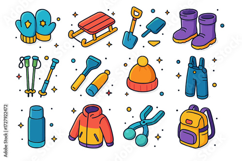 Snow Day Gear Icons. Colorful isometric vector icons set of Snow Day Gear: snow mittens, sled, snow shovel, snow boots, ski poles, ice scraper, thermal hat,