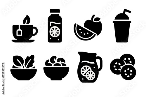 Spa Drink Snack Icons. Solid, filled icon set of spa drinks and snacks: herbal tea, detox water, fresh fruit, smoothie, light salad, nuts, infused water,