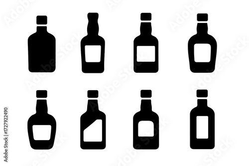 Whiskey Bottle Icons. Solid, filled icon set of whiskey bottles: bourbon, scotch, rye, single malt, blended, Irish whiskey, Canadian whiskey, Japanese whiskey.