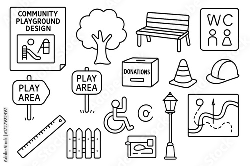 Community Playground Blueprint. Hand-drawn doodle illustration [community playground design] [blueprint, play area icon, tree, seating, public restroom sign,