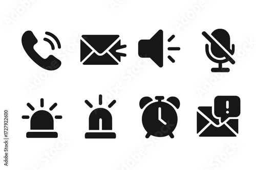 Urgent Communication Icons. Solid, filled icon set of desperate communication: ringing phone, blinking envelope, loudspeaker, crossed microphone, emergency