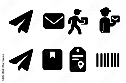 Mail Delivery Icons. Solid, filled icon set of sending process: send button, outgoing mail, courier delivery, postman, paper airplane, package pickup, address