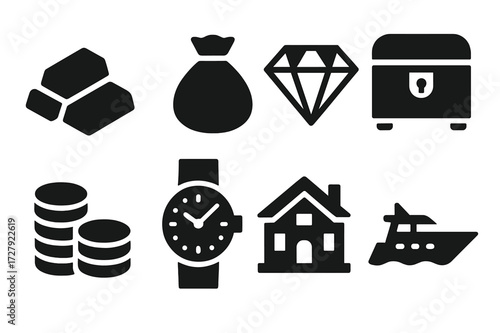 Wealth Symbol Icons. Solid, filled icon set of wealth symbols: gold bars, money bag, diamond, treasure chest, stack of coins, luxury watch, mansion, yacht.