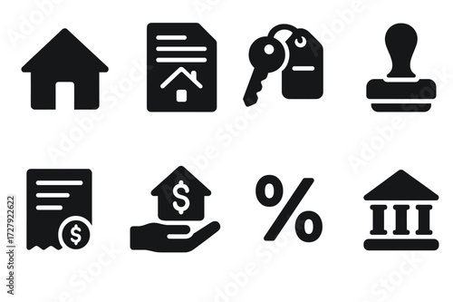 Mortgage Process Icons. Solid, filled icon set of mortgage process: house icon, mortgage contract, key with tag, loan approval stamp, monthly bill, down
