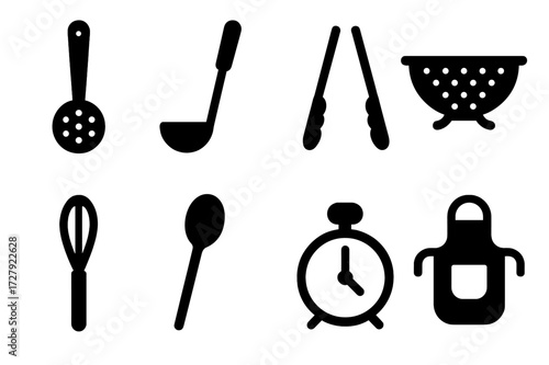 Boiling Kitchen Tools Icons. Solid, filled icon set of boiling kitchen tools: slotted spoon, ladle, tongs, colander, whisk, stirring spoon, timer, apron. [Line