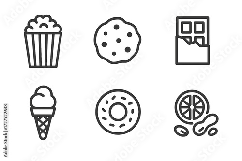 Snack Icon Set. Outline icon set of snacks: popcorn, cookie, chips bag, chocolate bar, ice cream cone, donut, fruit slice, nuts. Line icons in only black