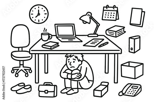 Office Doodle Chaos. Hand-drawn doodle illustration Office hiding under desk desk, chair, laptop, coffee cup, book, clock, pen, paper, box, shoes, briefcase,