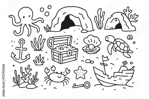 Underwater Treasures. Hand-drawn doodle illustration underwater cave treasures treasure chest, anchor, pearl in shell, fish, crab, seaweed, coral, bubbles,