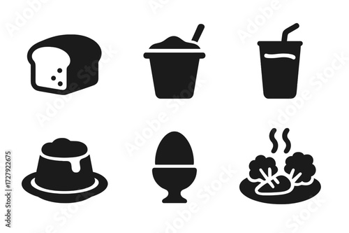 Gentle Foods Icon Set. Solid, filled icon set of gentle foods: soft bread, yogurt cup, mashed potatoes, smoothie, custard, pudding, boiled egg, steamed