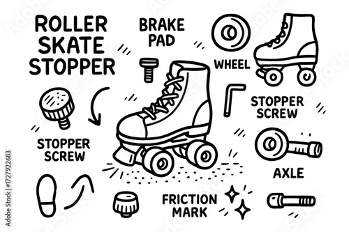 Roller Skate Components. Hand-drawn doodle illustration Roller Skate Stopper toe stop, brake pad, roller skate, wheel, skate boot, laces, stopper screw, hex