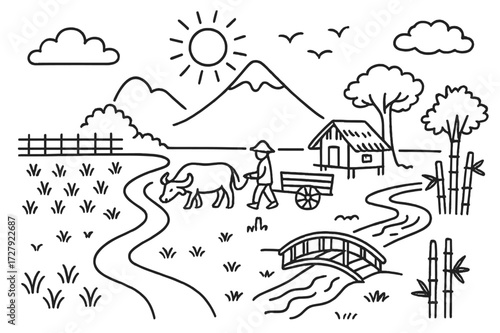Cartoon Rural Landscape. Hand-drawn doodle illustration Rural Landscape [rice field, mountain, sun, hut, buffalo, tree, birds, river, bridge, farmer, cart,