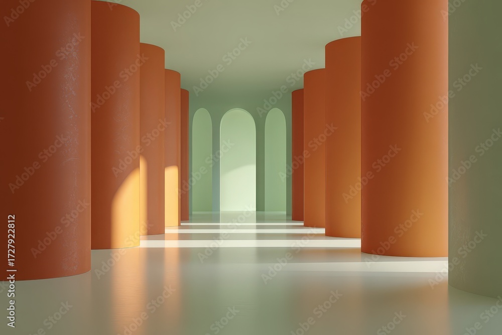 Fototapeta premium A sun-drenched interior space, featuring smooth cylindrical columns in warm terracotta and pale mint green, and arched openings, evokes a sense of serenity and tranquility.