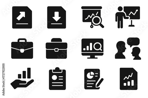 Broker Service Icons. Solid, filled icon set of broker services: buy order, sell order, portfolio management, market analysis, client consultation, trade