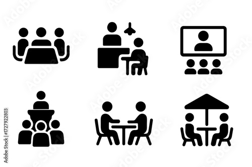 Meeting Icons Collection. Solid, filled icon set of meeting settings: conference room, office, cafe, online platform, auditorium, coworking space, home office,