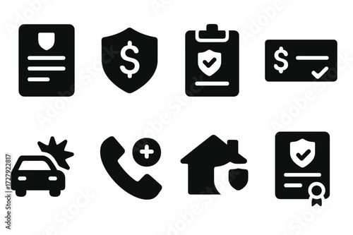 Insurance Icons Set. Solid, filled icon set of insurance liability: policy document, shield with dollar, claim form, payout check, accident report, emergency