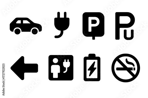 Charging Station Icons. Solid, filled icon set of charging station signage: EV icon, plug symbol, parking sign, reserved spot, directional arrow, usage