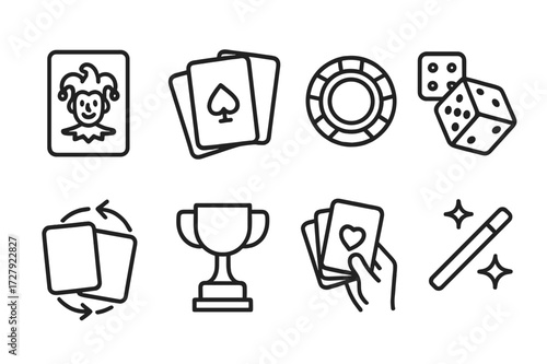 Joker Card Icon Set. Outline icon set of joker cards and games: joker card, playing cards, poker chips, dice, card shuffle, trophy, card hand, magic wand. Line