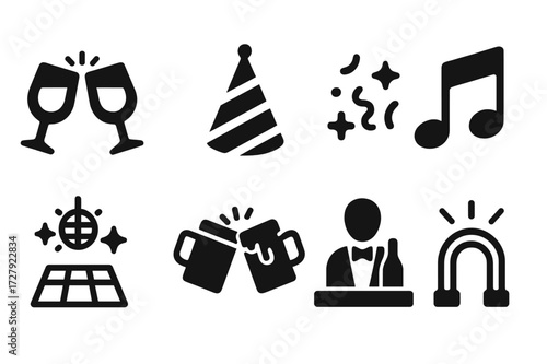 Party Icon Set. Solid, filled icon set of bar shelf party and events: clinking glasses, party hat, confetti, music note, dance floor, celebration toast,