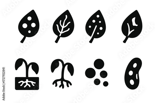 Bean Plant Diseases Icons. Solid, filled icon set of bean plant diseases: leaf spot, mildew, rust, blight, root rot, wilting plant, fungal spores, infected