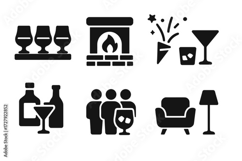 Old Fashioned Cocktail Icons. Solid, filled icon set of old fashioned cocktail occasions: whiskey tasting, cozy fireplace, celebration, bar night, casual