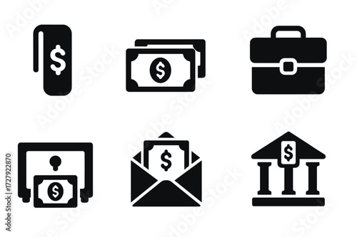 Banknote Storage Icons. Solid, filled icon set of banknote storage: money clip, cash stack, wallet, briefcase, safe, cash box, envelope, bank deposit. [Solid,