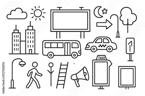 City Life Icons. Hand-drawn doodle illustration city billboard display billboard, skyscraper, bus, car, taxi, streetlight, pedestrian, cloud, sun, moon, star,