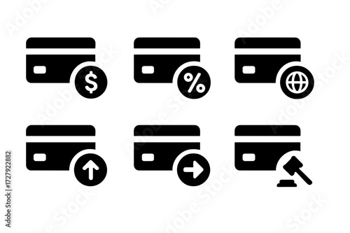 Credit Card Fees Icons. Solid, filled icon set of credit card fees: annual fee, interest rate, late payment, foreign transaction, overlimit fee, balance
