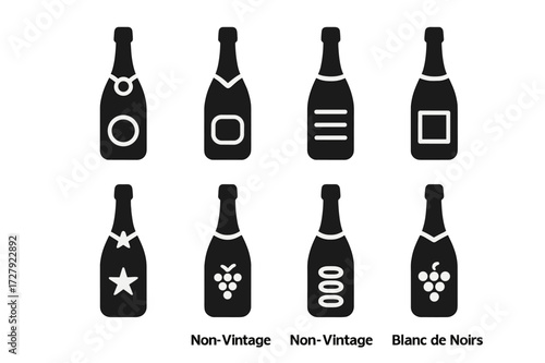 Champagne Bottle Icons. Solid, filled icon set of champagne bottle types: brut, rose, extra dry, demi-sec, vintage, non-vintage, blanc de blancs, blanc de