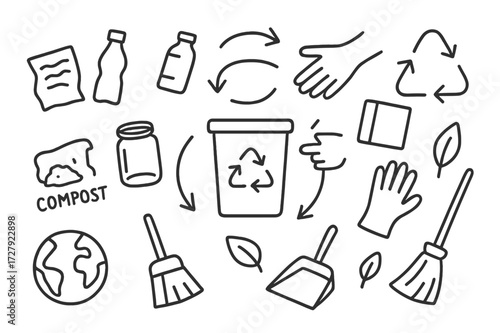 Waste Sorting Doodle. Hand-drawn doodle illustration [Sorting waste] [trash bin, paper, plastic bottle, glass jar, metal can, hand, arrows in circle, compost,