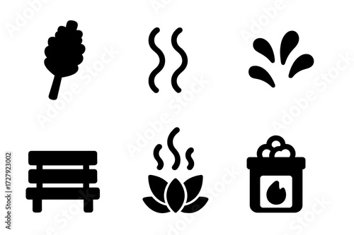 Sauna Relaxation Icons. Solid, filled icon set of sauna relaxation: birch whisk, steam wave, towel fold, water splash, wooden bench, herbal aroma, sauna stove,