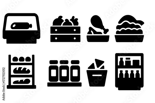 Food Market Icons. Solid, filled icon set of food market displays: deli case, produce crate, meat counter, seafood bed, bakery shelf, spice jars, snack bin,