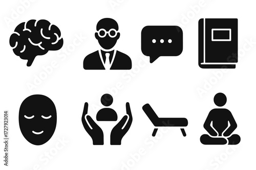 Mental Therapy Icons. Solid, filled icon set of mental therapy: brain, psychologist, speech bubble, journal, calm face, support hands, therapy couch,