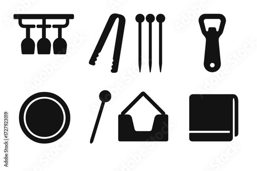Spritz Bar Tools Icons. Solid, filled icon set of spritz bar tools and accessories: glass rack, ice tongs, cocktail picks, bottle opener, coaster, stir stick,