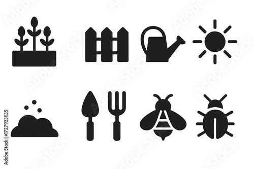 Eucalyptus Garden Icons. Solid, filled icon set of eucalyptus garden: garden bed, fence, watering can, sun, soil, gardening tools, bee, insect. Solid, filled