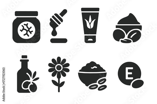 Natural Remedies Icons. Solid, filled icon set of cracked skin natural remedies: coconut oil, honey, aloe vera gel, shea butter, olive oil, chamomile, oatmeal,