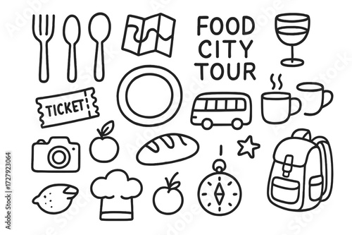 Culinary Adventure Icons. Hand-drawn doodle illustration food city tour fork, spoon, knife, plate, wine glass, coffee cup, bread loaf, fruit, bus, ticket, map,