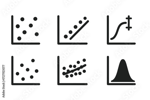 Scientific Icon Grid. Solid, filled icon set of scientific graphs: experimental data, plot points, regression line, curve fit, error margin, axis labels,