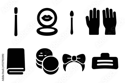Lip Care Icon Set. Solid, filled icon set of lip care accessories: lip brush, compact mirror, lip applicator, gloves, facial cloth, cotton pads, headband, hair
