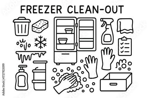 Freezer Clean-Out Icons. Hand-drawn doodle illustration Freezer clean-out [trash bin, sponge, freezer door, spray bottle, towel, checklist, gloves, shelves,