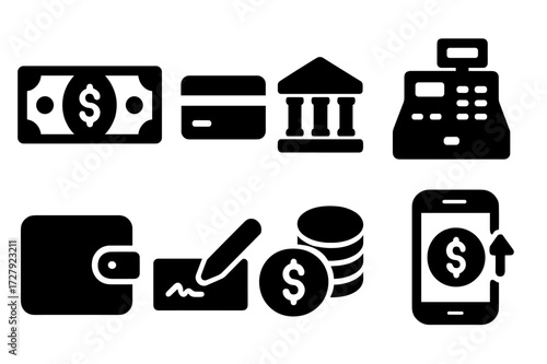 Financial Icons Grid. Solid, filled icon set of financial transactions: dollar bills, credit card, bank building, cash register, wallet, cheque, coin stack,