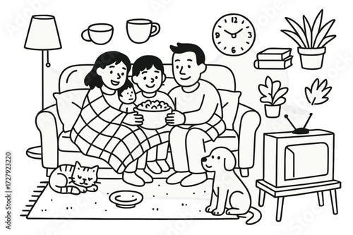 Cozy Family Evening. Hand-drawn doodle illustration [Cozy family evening] [sofa, blanket, popcorn, TV, family members, lamp, rug, cat, dog, books, cup, plate,