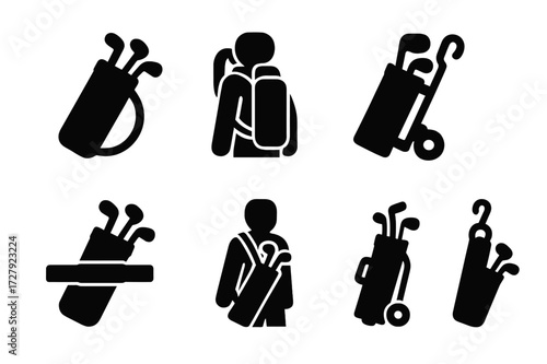 Stick Bag Icons. Solid, filled icon set of stick bag carrying methods: shoulder strap, backpack style, hand carry, clip attachment, waist belt, sling, trolley