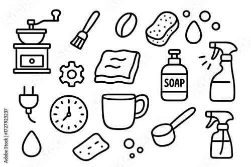 Coffee Grinder Cleaning Icons. Hand-drawn doodle illustration Coffee grinder cleaning grinder, coffee bean, brush, sponge, droplet, bubbles, cloth, gear, soap