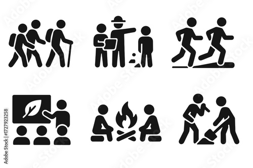 Trail Events Icons. Solid, filled icon set of trail events and groups: group hike, guided tour, trail race, volunteer cleanup, nature class, campfire