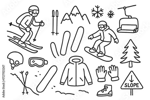 Mountain Winter Sports Icons. Hand-drawn doodle illustration [Skiers and snowboarders on a mountain] [skier, snowboarder, mountain, snowflake, ski poles,