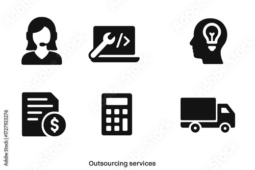 Outsourcing Services Icons. Solid, filled icon set of outsourcing services: customer support, IT support, software development, content creation, payroll,
