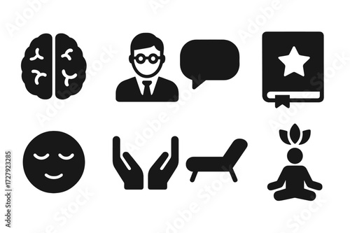 Mental Therapy Icons. Solid, filled icon set of mental therapy: brain, psychologist, speech bubble, journal, calm face, support hands, therapy couch,