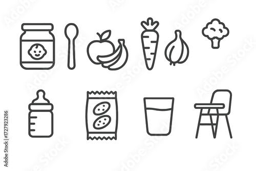 Parenting Nutrition Icons. Outline icon set of parenting nutrition: baby food jar, spoon, fruits, vegetables, milk bottle, snacks, water glass, high chair.