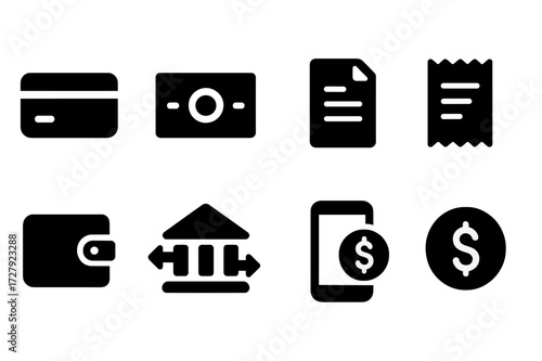 Payment Icons Grid. Solid, filled icon set of recipient payment: credit card, cash, invoice, receipt, wallet, bank transfer, mobile payment, currency symbol.